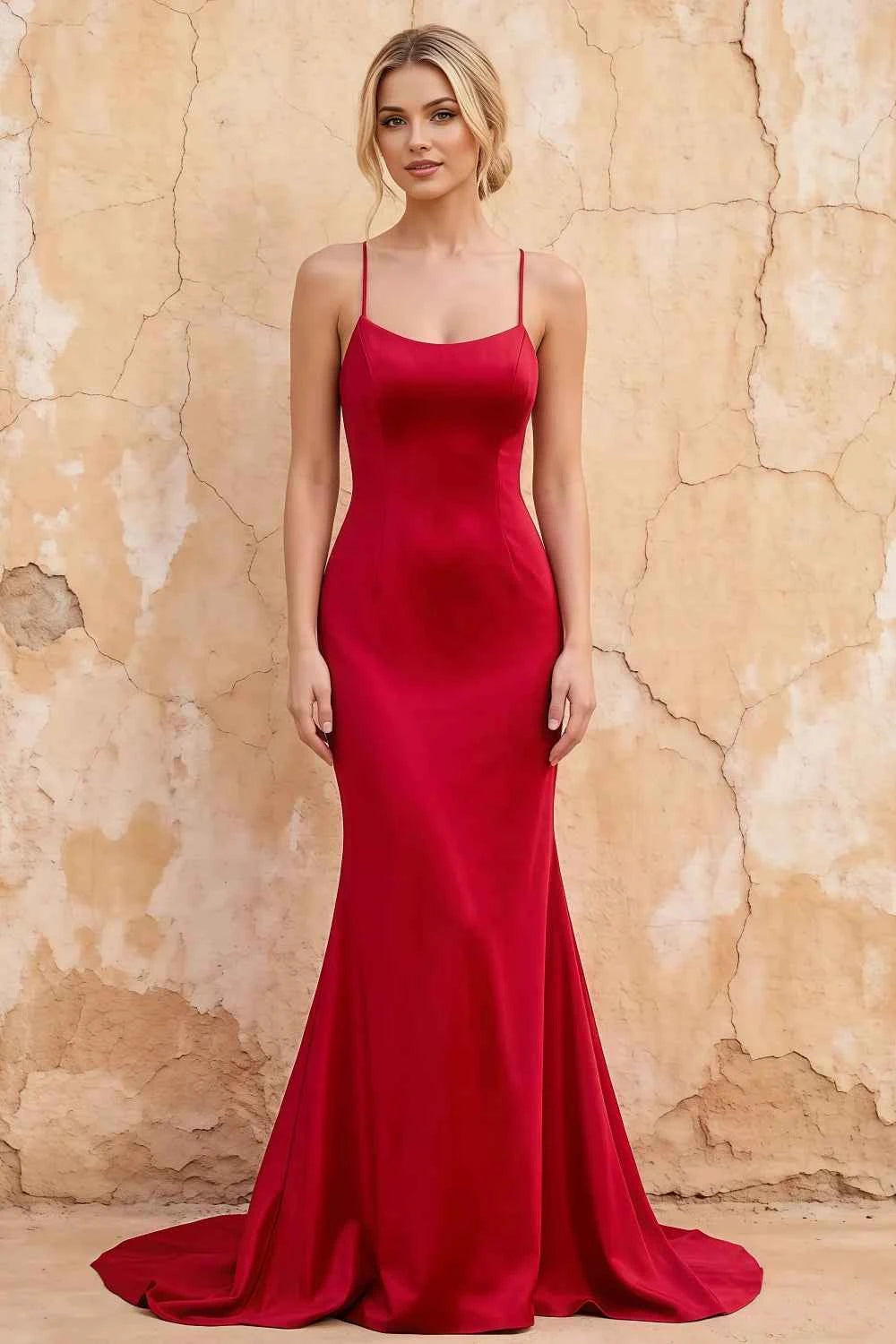 Jolene Red Satin Mermaid Scoop Neck Maxi Dress
