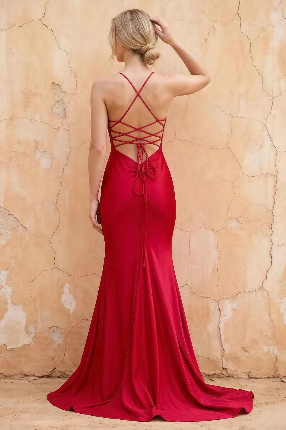 Jolene Red Satin Mermaid Scoop Neck Maxi Dress