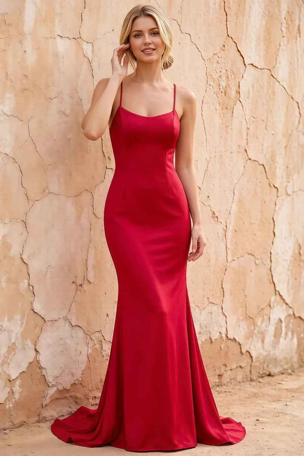 Jolene Red Satin Mermaid Scoop Neck Maxi Dress