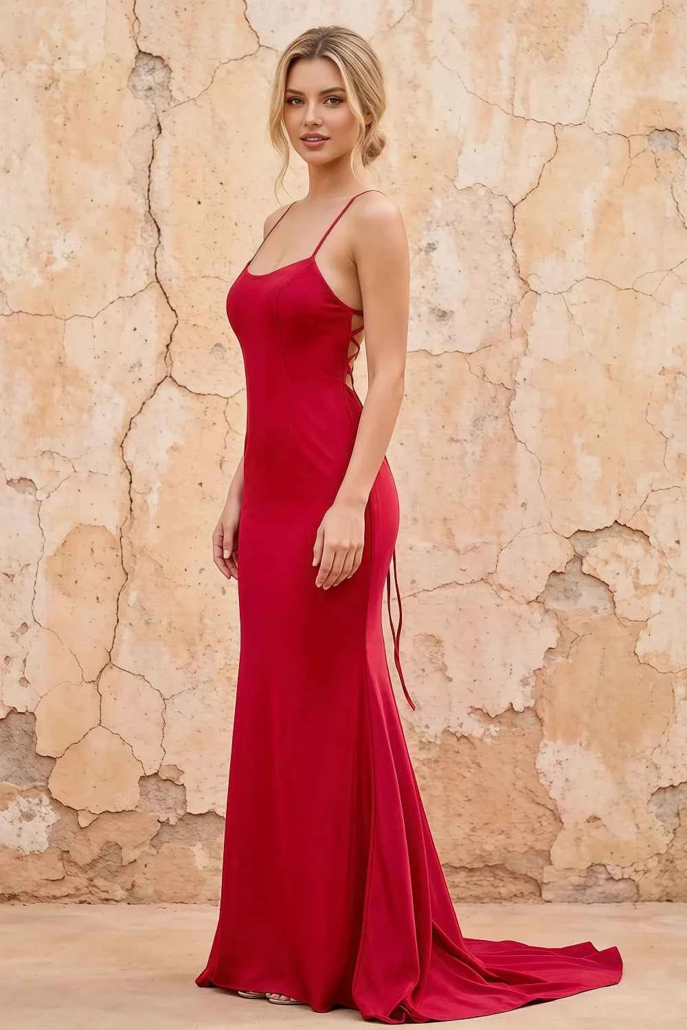 Jolene Red Satin Mermaid Scoop Neck Maxi Dress