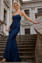 Jolene Royal Blue Satin Mermaid Scoop Neck Maxi Dress