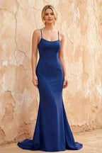 Jolene Royal Blue Satin Mermaid Scoop Neck Maxi Dress