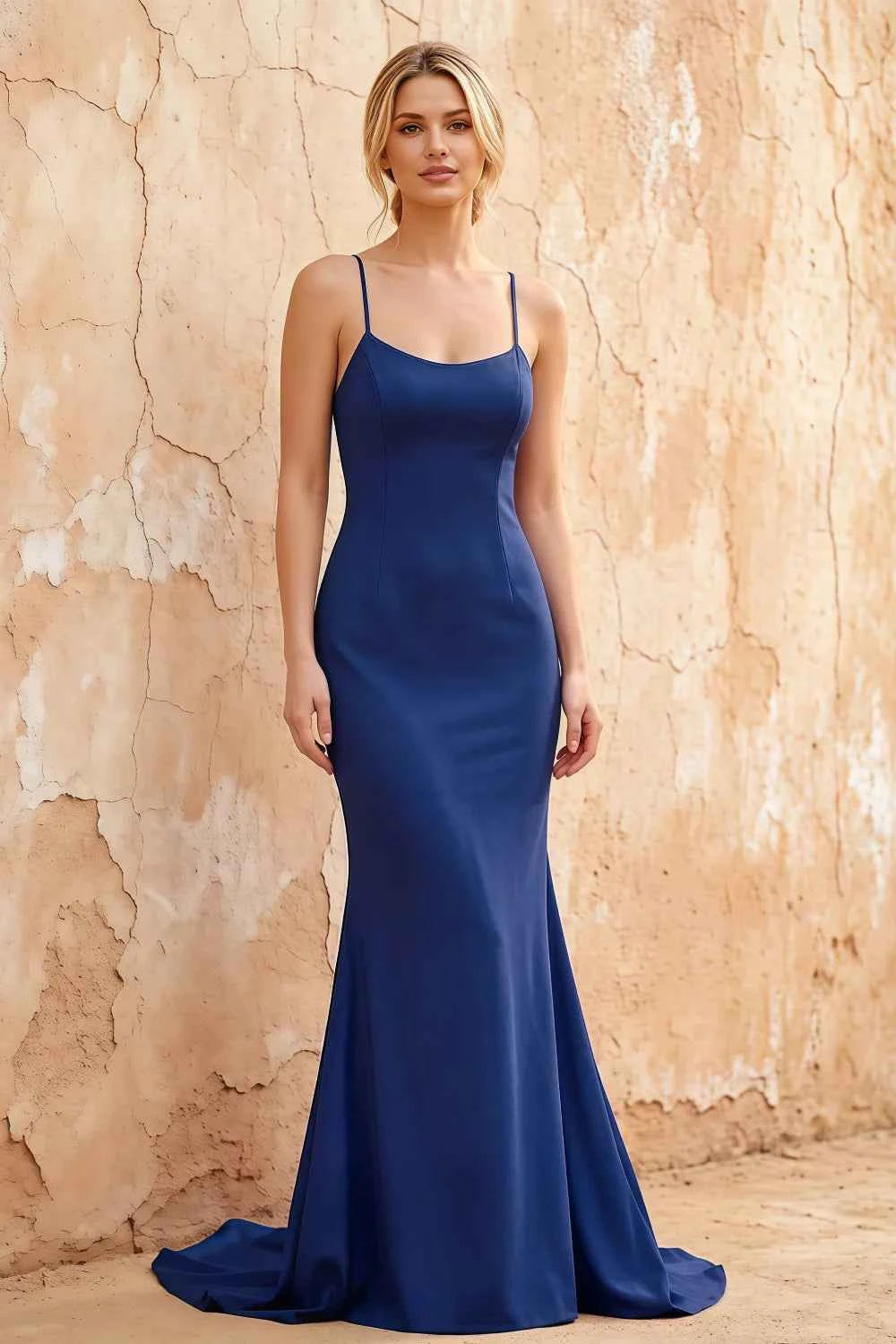 Jolene Royal Blue Satin Mermaid Scoop Neck Maxi Dress