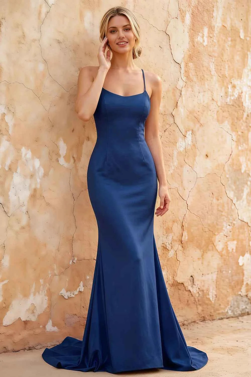 Jolene Royal Blue Satin Mermaid Scoop Neck Maxi Dress