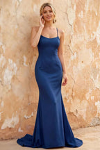 Jolene Royal Blue Satin Mermaid Scoop Neck Maxi Dress