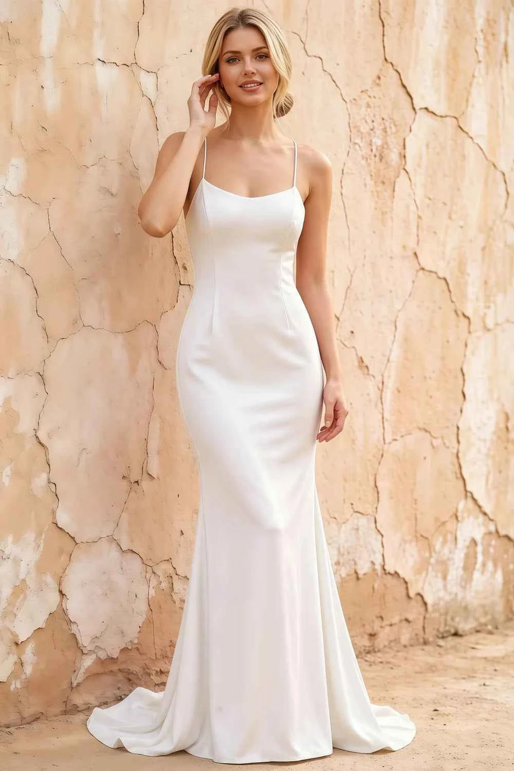 Jolene White Satin Mermaid Scoop Neck Maxi Dress