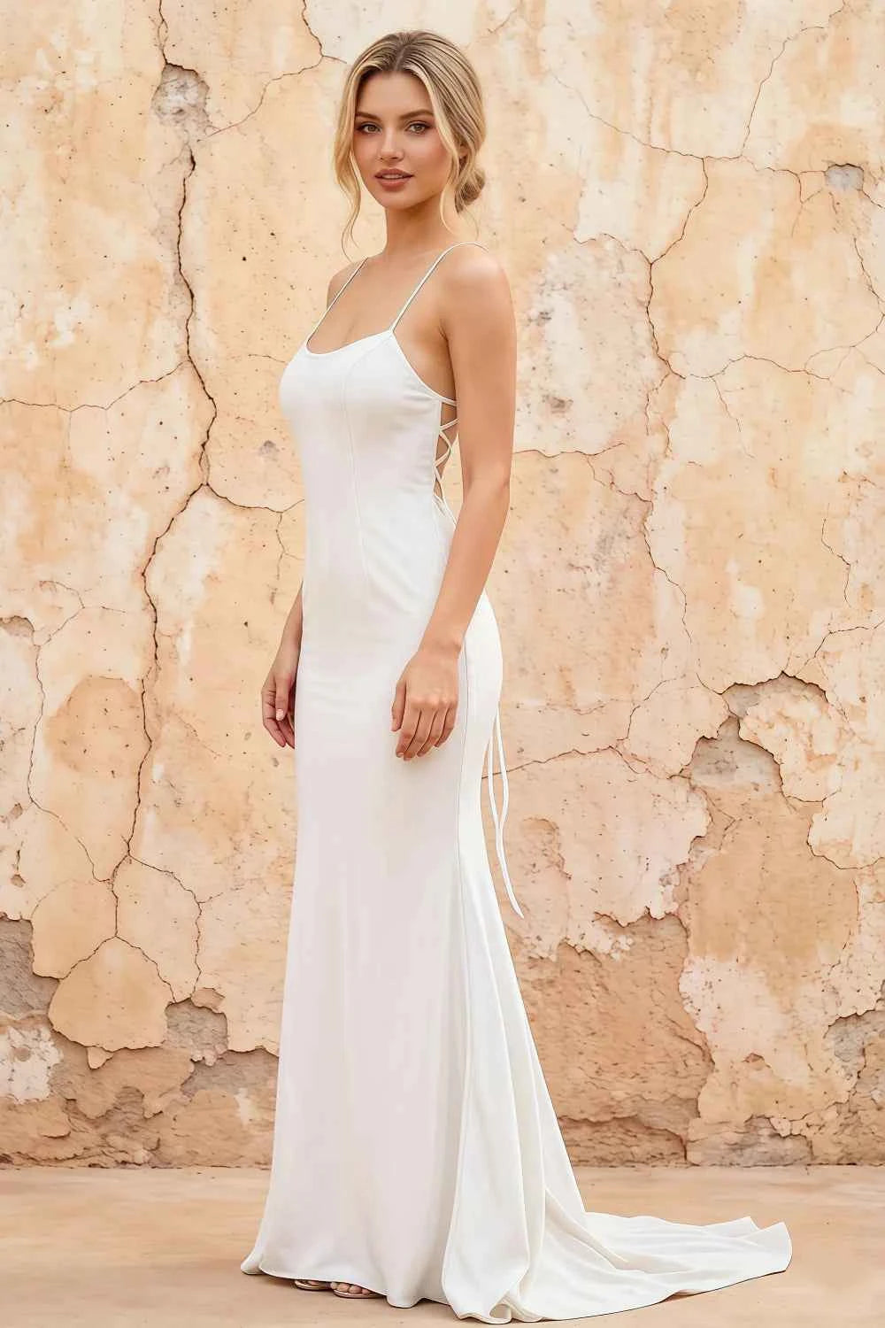 Jolene White Satin Mermaid Scoop Neck Maxi Dress