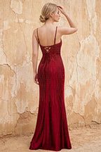 Josephine Burgundy Radial Rhinestone V-neck Maxi Dress