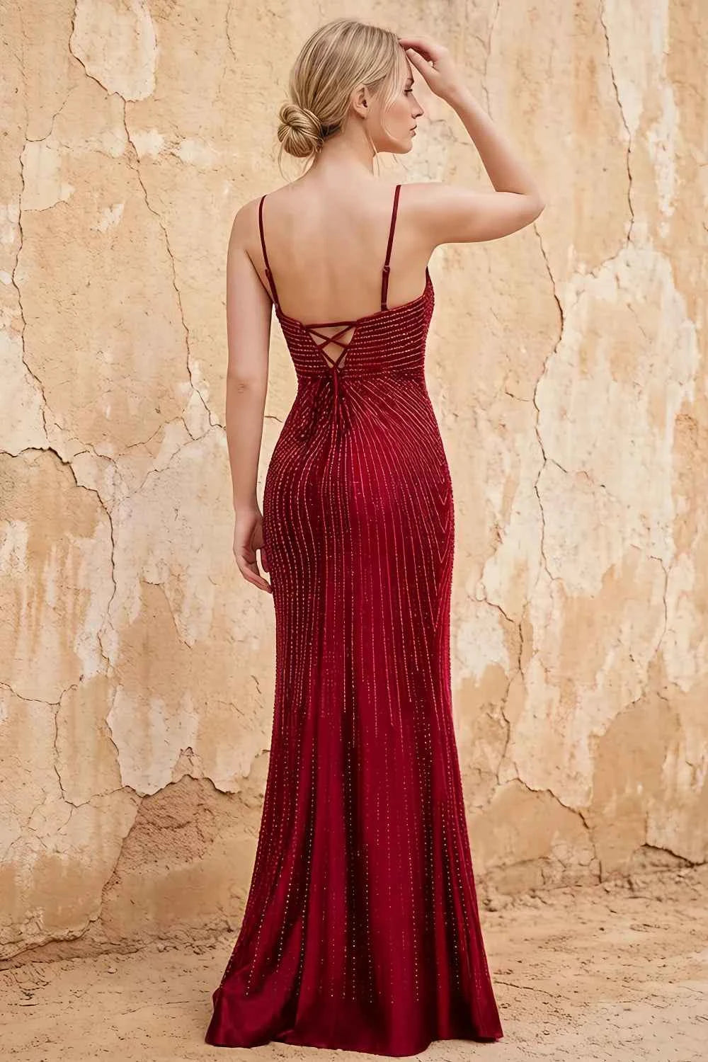 Josephine Burgundy Radial Rhinestone V-neck Maxi Dress