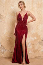 Josephine Burgundy Radial Rhinestone V-neck Maxi Dress