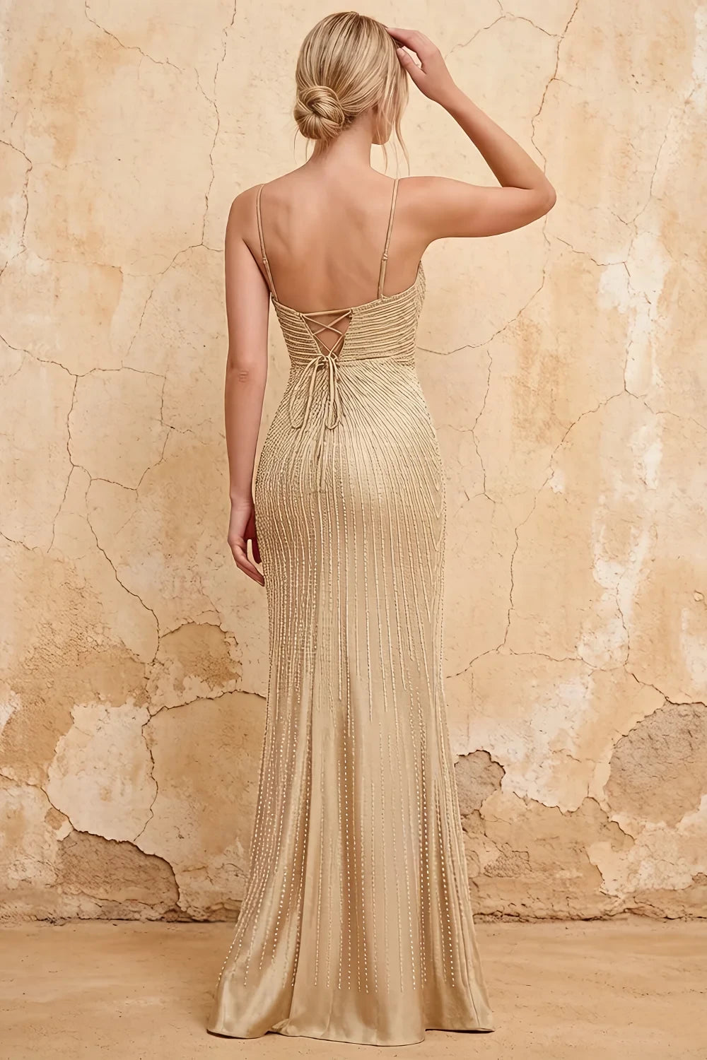 Josephine Champagne Radial Rhinestone V-neck Maxi Dress