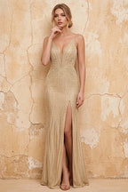 Josephine Champagne Radial Rhinestone V-neck Maxi Dress