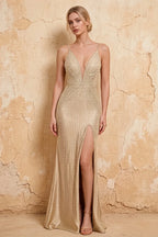 Josephine Champagne Radial Rhinestone V-neck Maxi Dress
