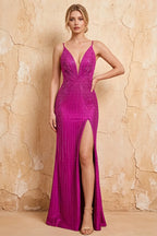 Josephine Fuchsia Radial Rhinestone V-neck Maxi Dress
