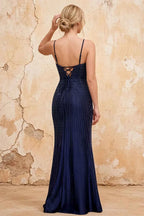 Josephine Navy Blue Radial Rhinestone V-neck Maxi Dress