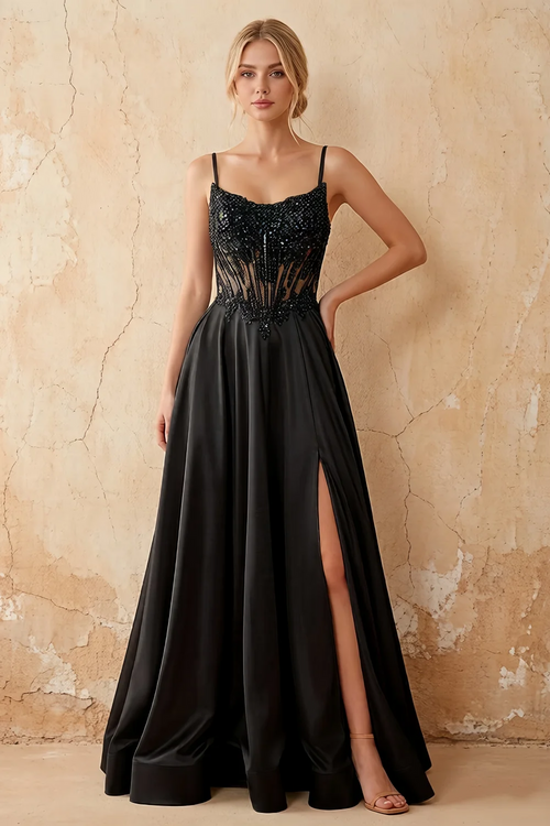 Joy Black Satin Beading Detachable Straps Maxi Dress
