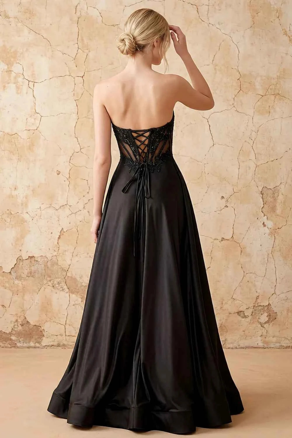 Joy Black Satin Beading Detachable Straps Maxi Dress