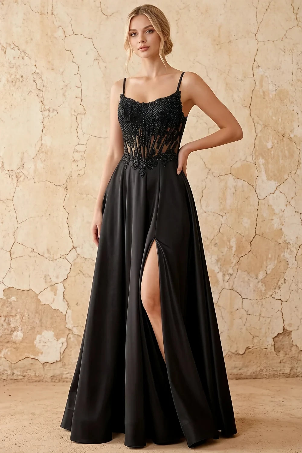 Joy Black Satin Beading Detachable Straps Maxi Dress