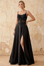 Joy Black Satin Beading Detachable Straps Maxi Dress
