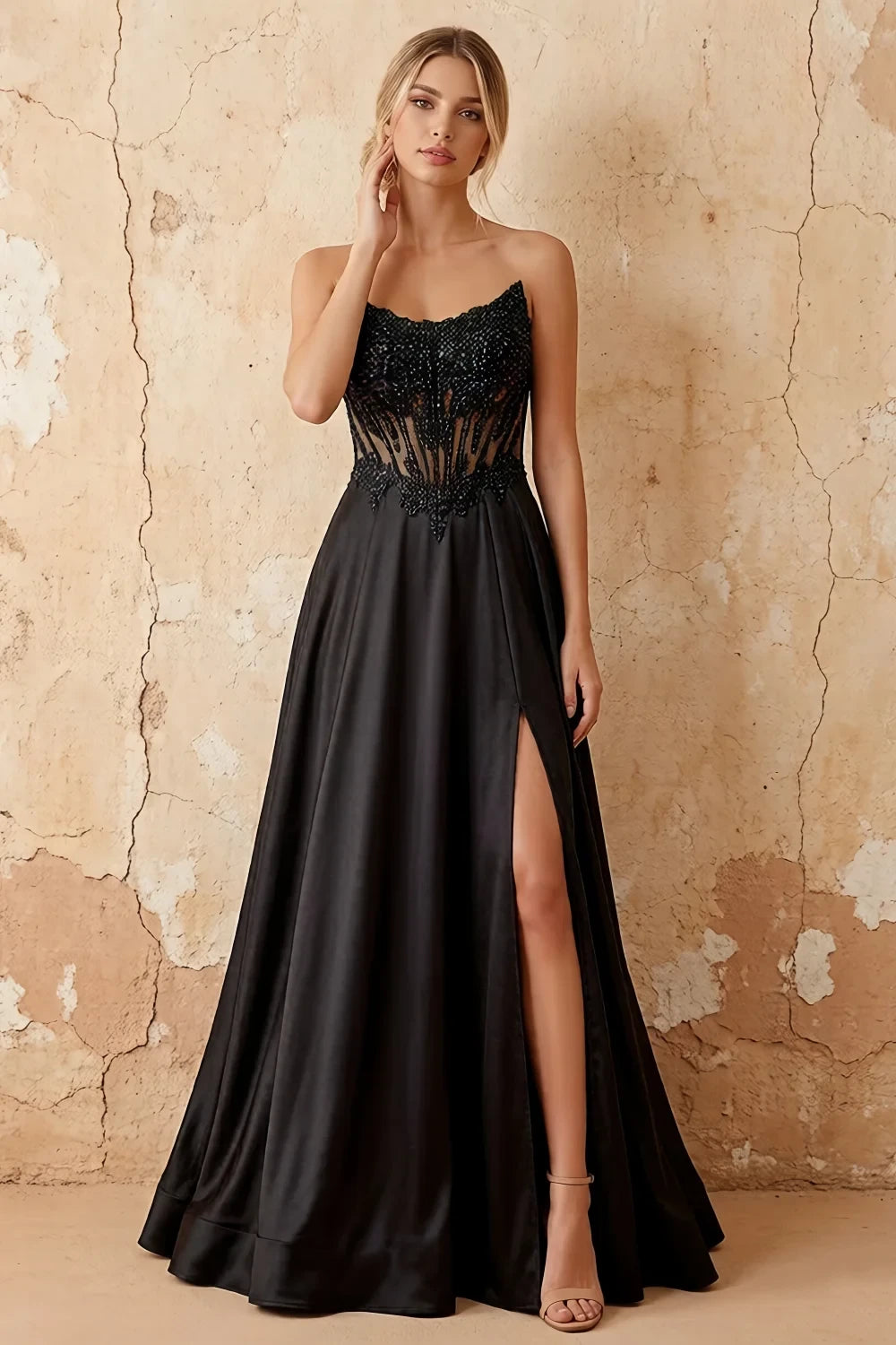 Joy Black Satin Beading Detachable Straps Maxi Dress