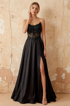 Joy Black Satin Beading Detachable Straps Maxi Dress