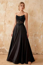 Joy Black Satin Beading Detachable Straps Maxi Dress