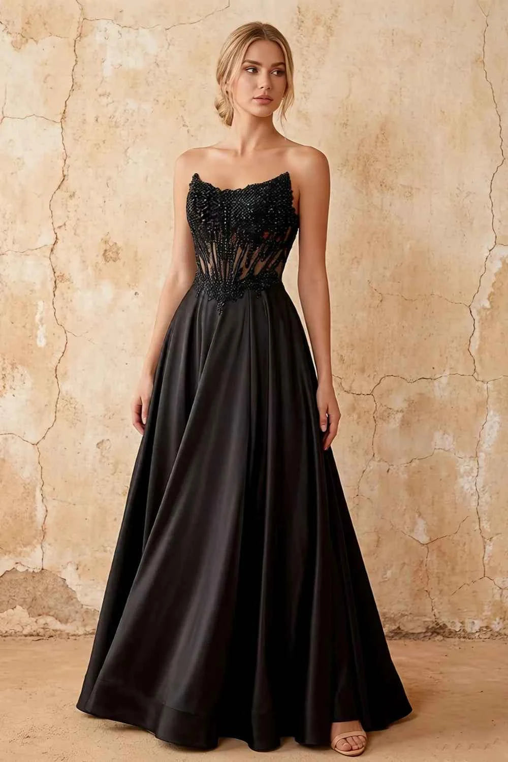 Joy Black Satin Beading Detachable Straps Maxi Dress