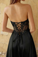 Joy Black Satin Beading Detachable Straps Maxi Dress