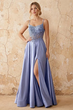 Joy Blue Satin Beading Detachable Straps Maxi Dress