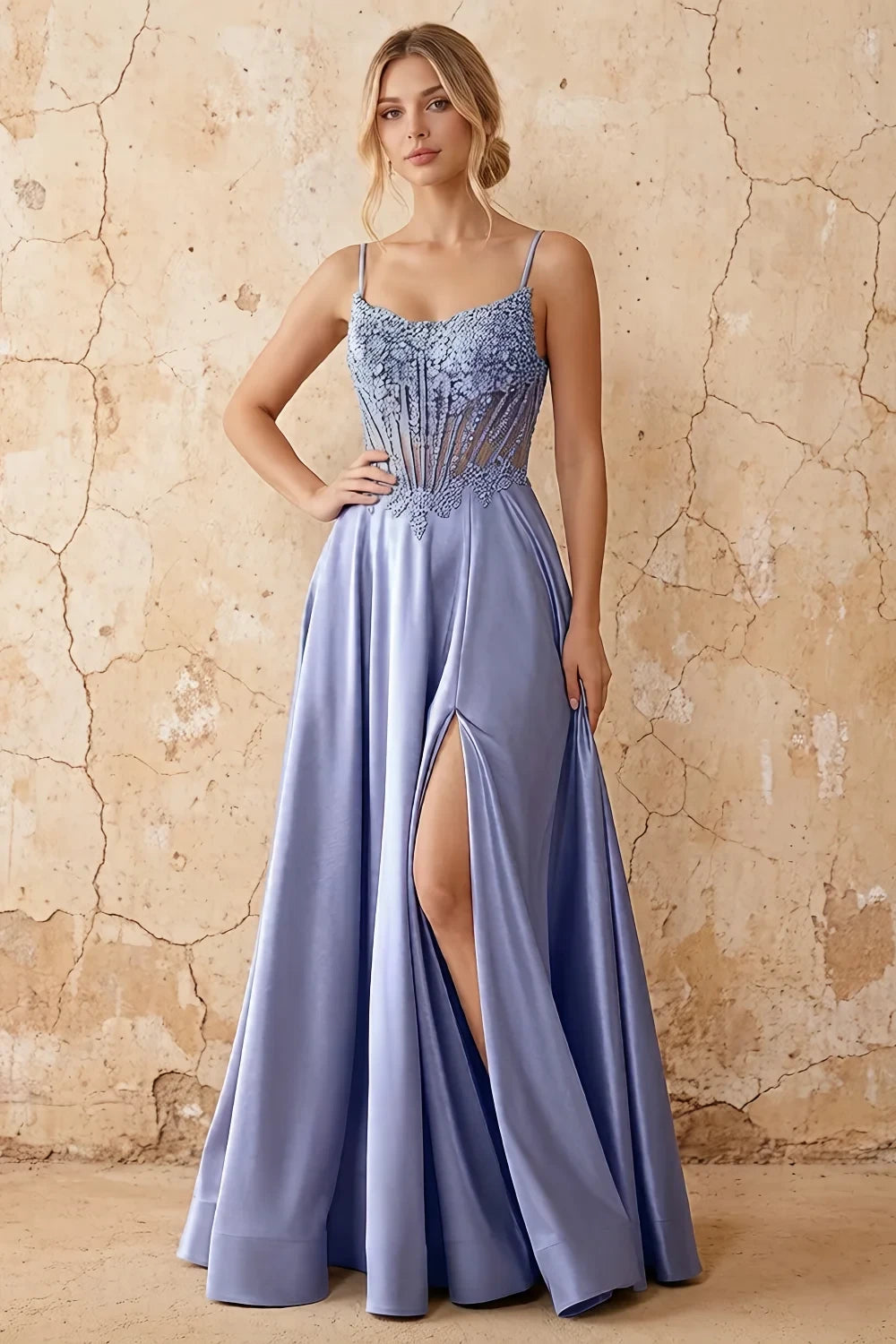 Joy Blue Satin Beading Detachable Straps Maxi Dress