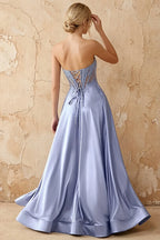 Joy Blue Satin Beading Detachable Straps Maxi Dress