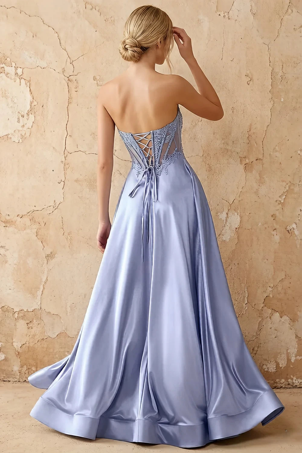 Joy Blue Satin Beading Detachable Straps Maxi Dress