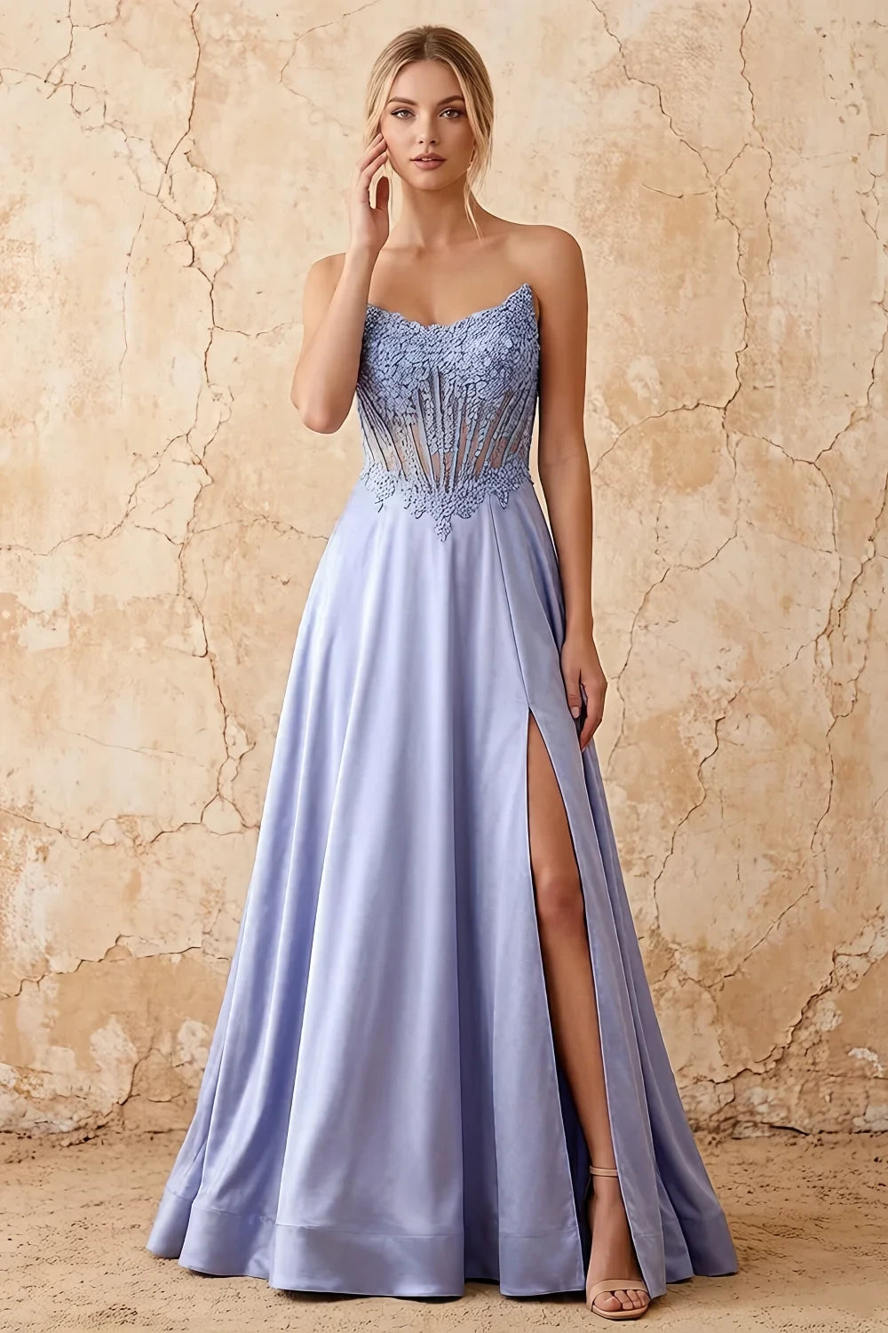 Joy Blue Satin Beading Detachable Straps Maxi Dress