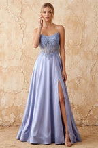 Joy Blue Satin Beading Detachable Straps Maxi Dress