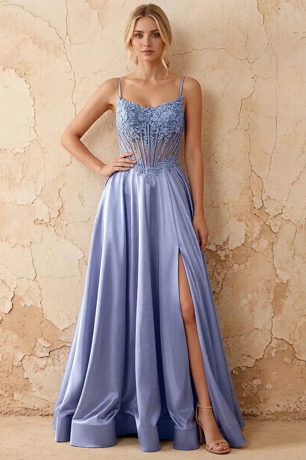Joy Blue Satin Beading Detachable Straps Maxi Dress