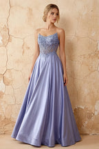 Joy Blue Satin Beading Detachable Straps Maxi Dress