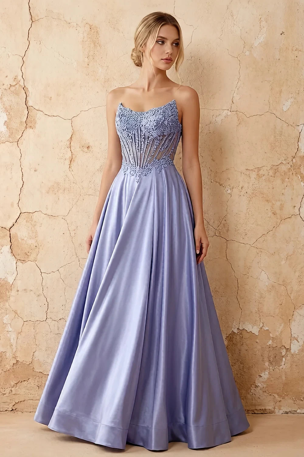 Joy Blue Satin Beading Detachable Straps Maxi Dress