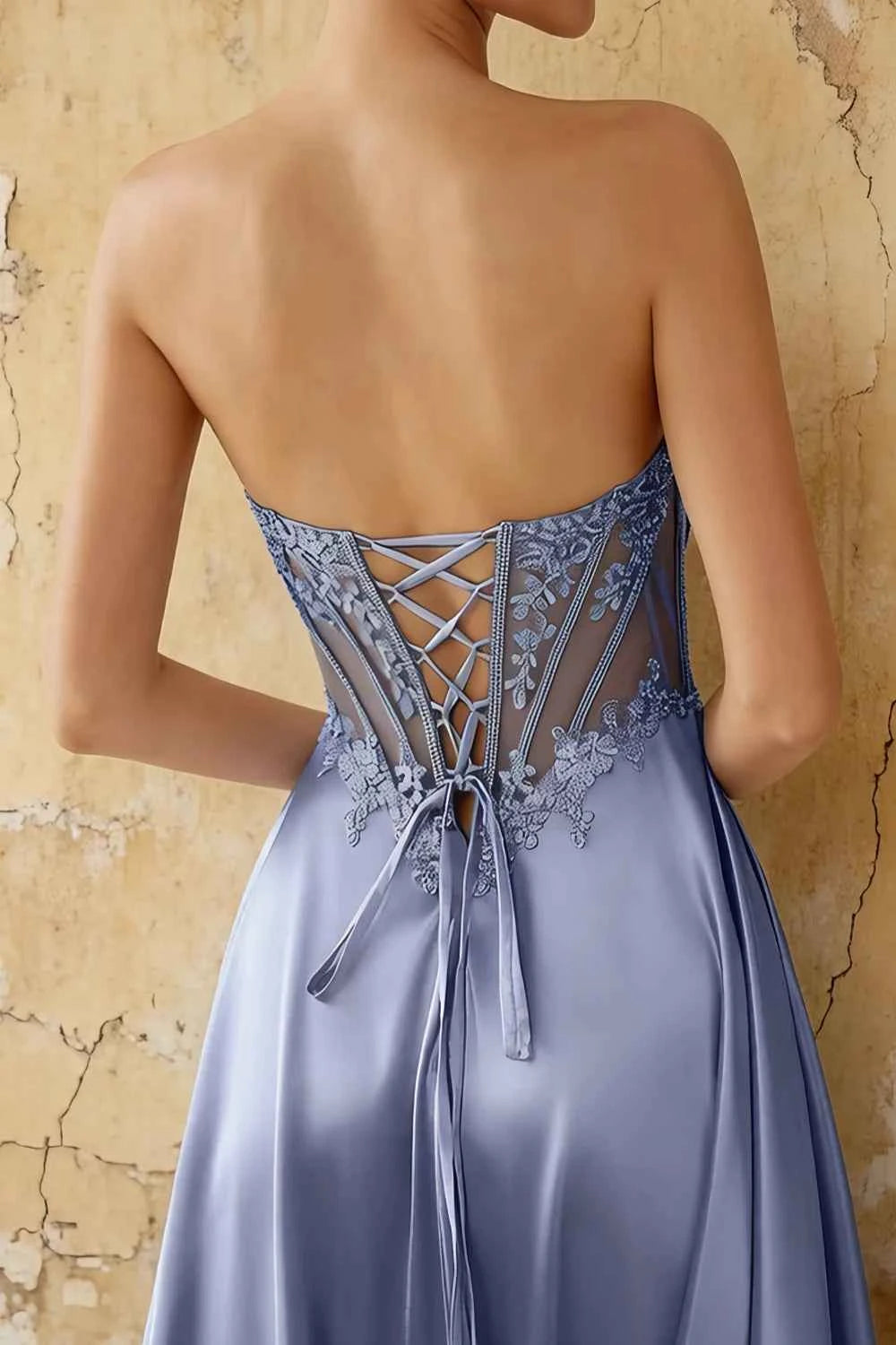 Joy Blue Satin Beading Detachable Straps Maxi Dress