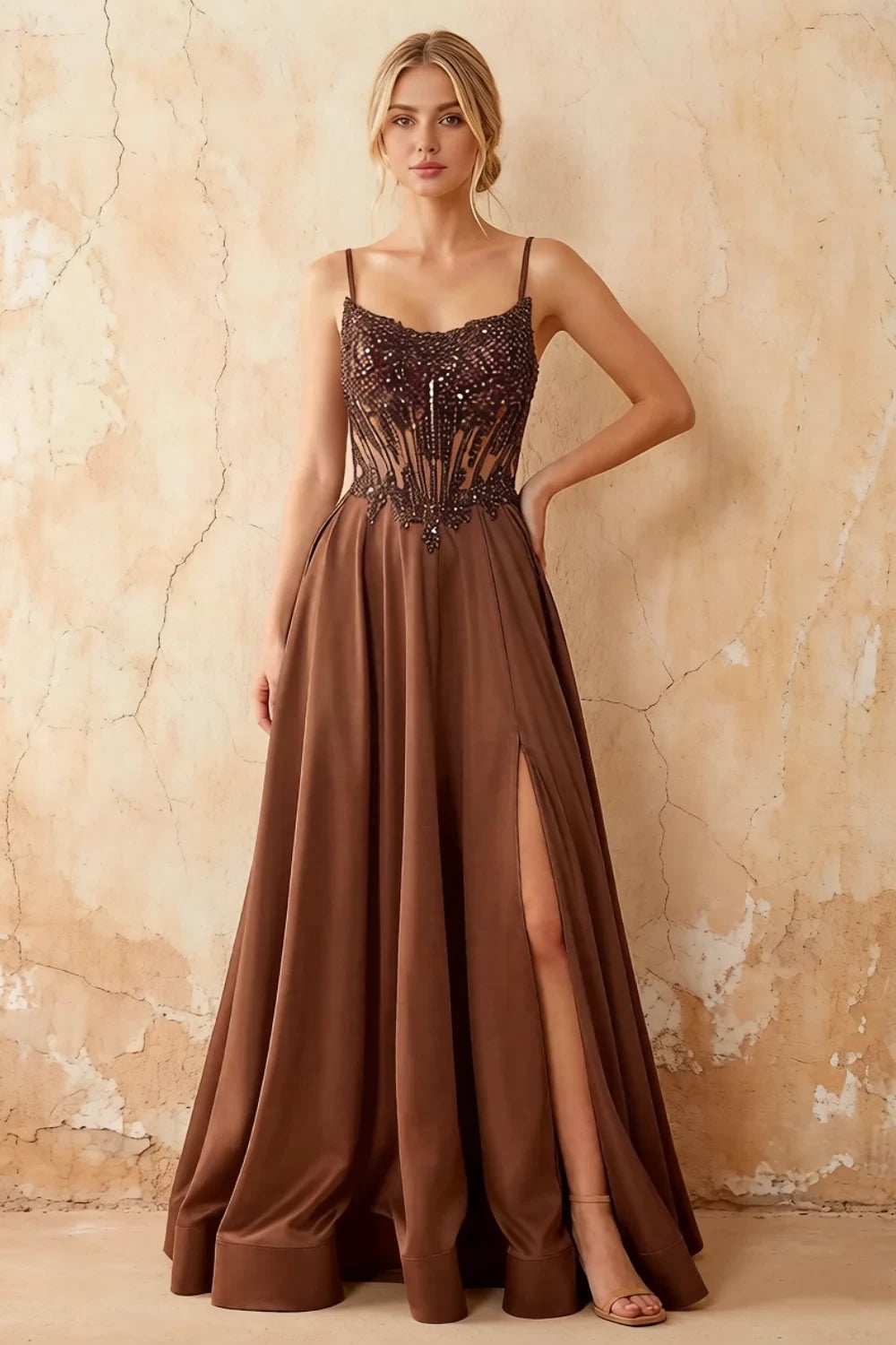 Joy Brown Satin Beading Detachable Straps Maxi Dress