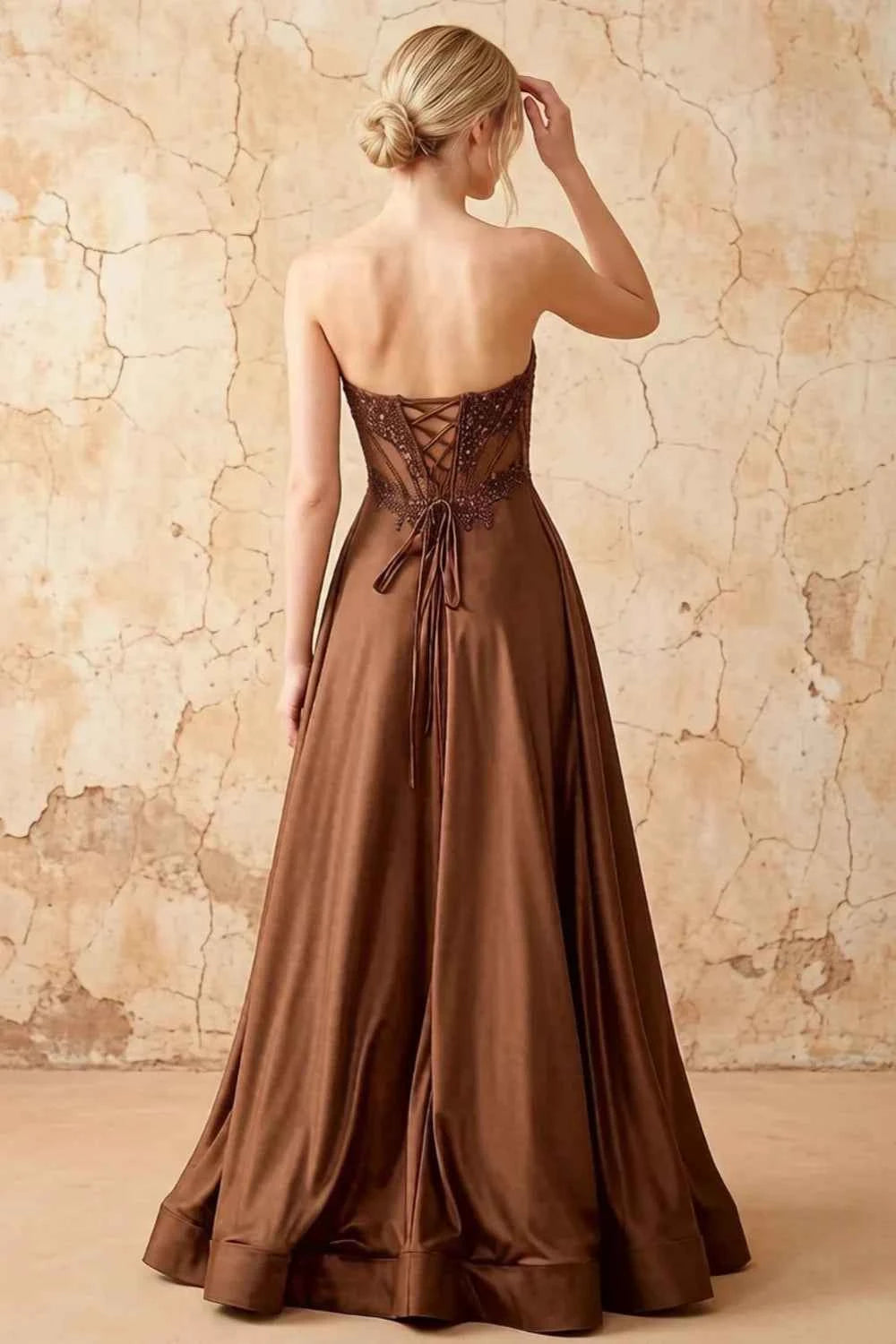 Joy Brown Satin Beading Detachable Straps Maxi Dress