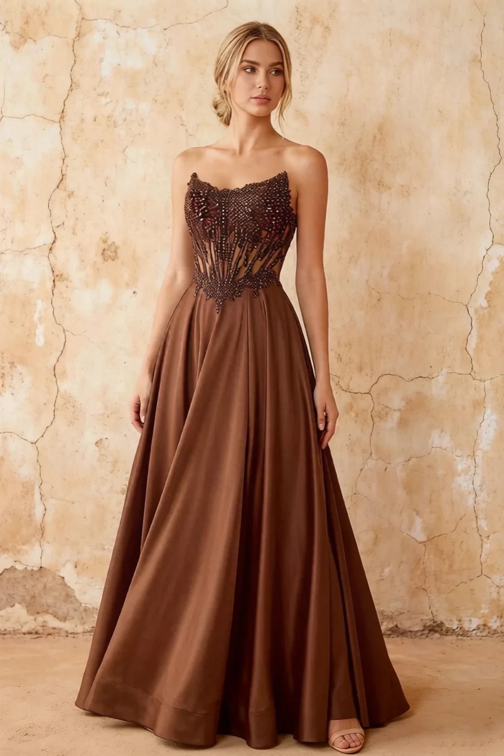 Joy Brown Satin Beading Detachable Straps Maxi Dress
