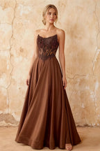 Joy Brown Satin Beading Detachable Straps Maxi Dress