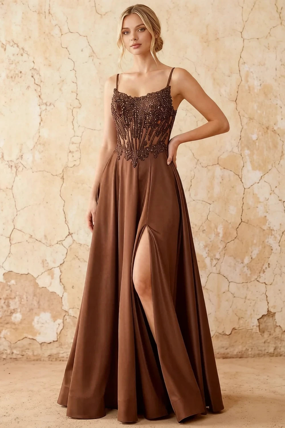 Joy Brown Satin Beading Detachable Straps Maxi Dress