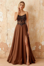 Joy Brown Satin Beading Detachable Straps Maxi Dress