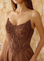 Joy Brown Satin Beading Detachable Straps Maxi Dress
