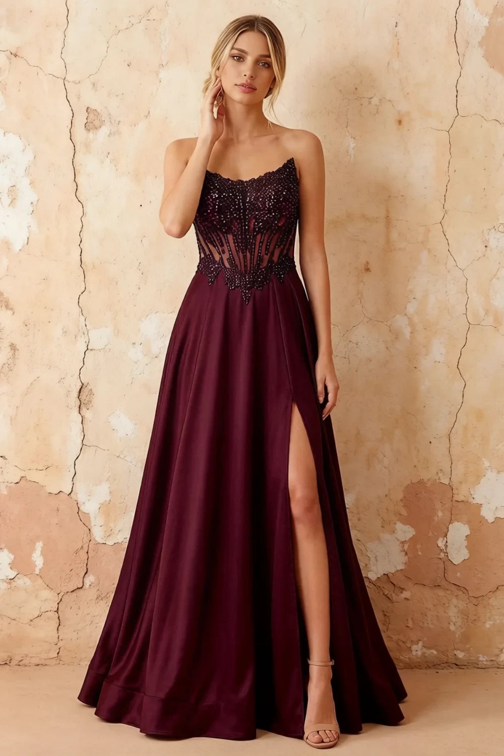 Joy Burgundy Satin Beading Detachable Straps Maxi Dress