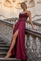 Joy Burgundy Satin Beading Detachable Straps Maxi Dress