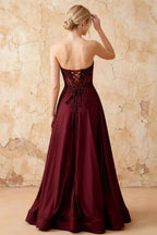 Joy Burgundy Satin Beading Detachable Straps Maxi Dress
