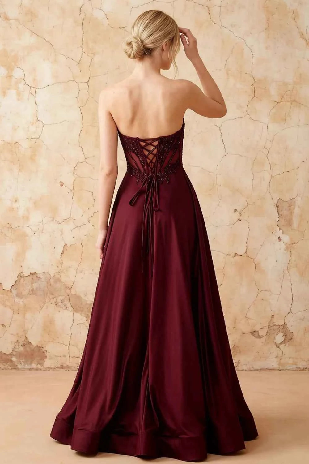 Joy Burgundy Satin Beading Detachable Straps Maxi Dress