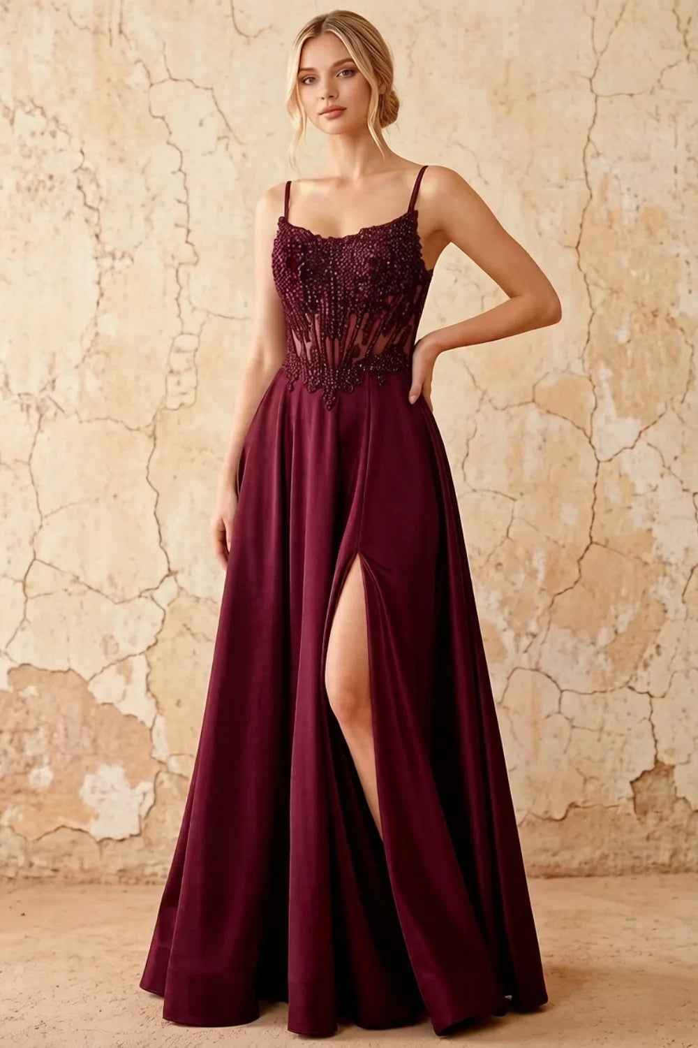 Joy Burgundy Satin Beading Detachable Straps Maxi Dress